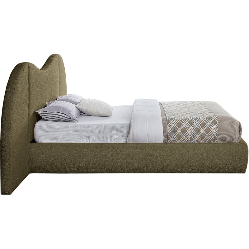 Maklaine Contemporary Rich Olive Green Boucle Fabric Queen Bed