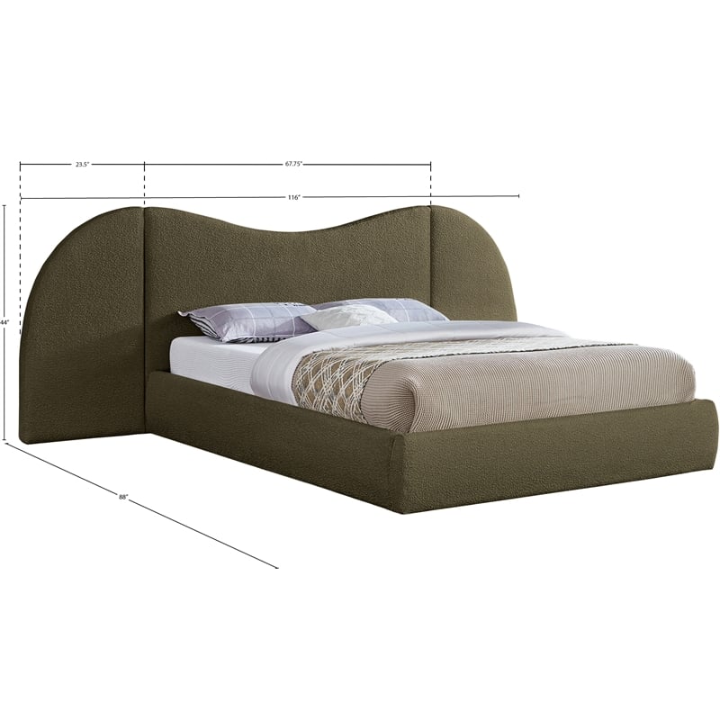 Maklaine Contemporary Rich Olive Green Boucle Fabric Queen Bed