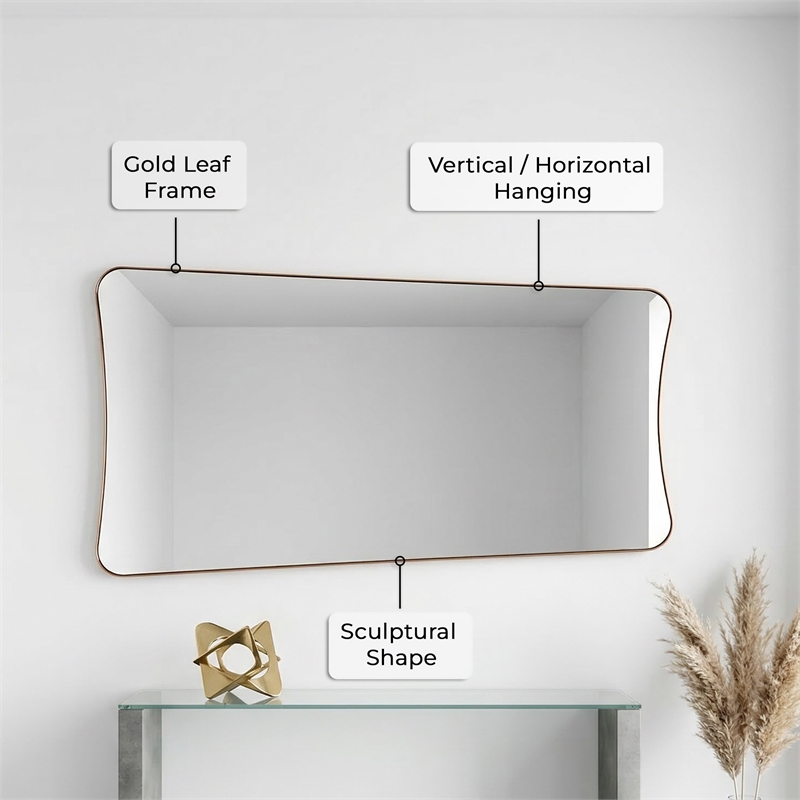 Maklaine Rectangular with Rounded Corners Wall Mirror in Gold Leaf Metal Frame