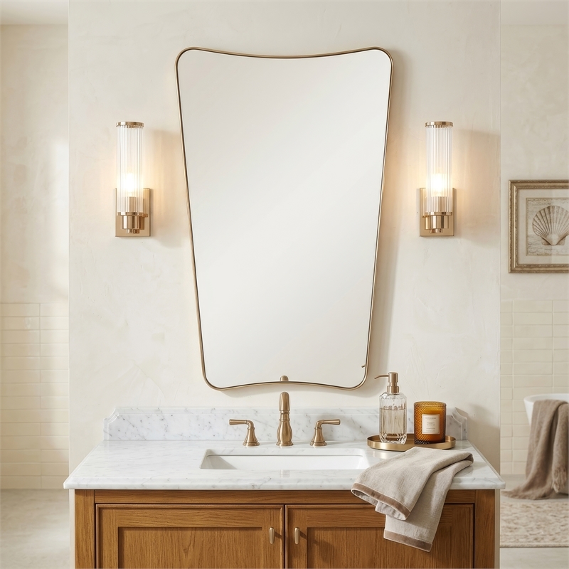 Maklaine Rectangular with Rounded Corners Wall Mirror in Gold Leaf Metal Frame