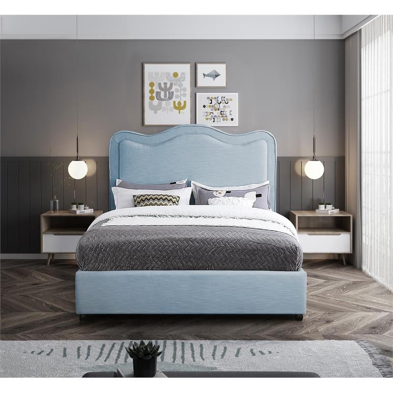 Maklaine Contemporary Light Blue Linen Textured Fabric Queen Bed