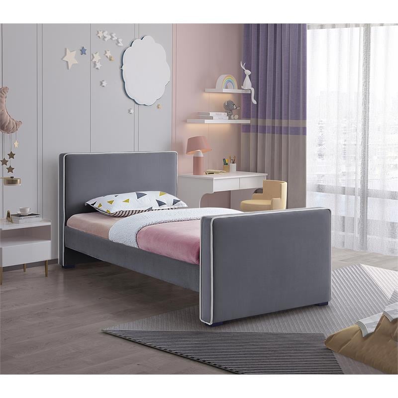 Maklaine Velvet Gray Bed Twin Contemporary 42