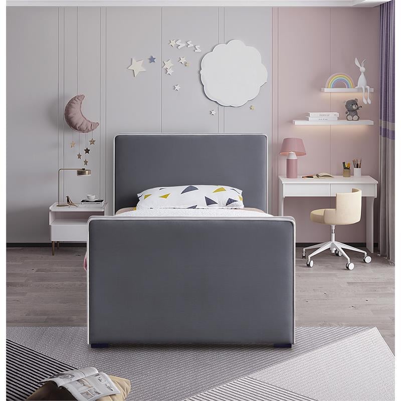 Maklaine Velvet Gray Bed Twin Contemporary 42