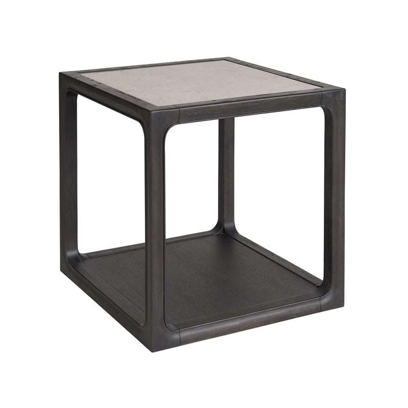 Maklaine Set of 2 Oak Wood End Table with Inset Stone Top in Black