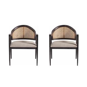 Maklaine Set of 2 Black Wood & Cane Accent Chair in Gray Performance Fabric