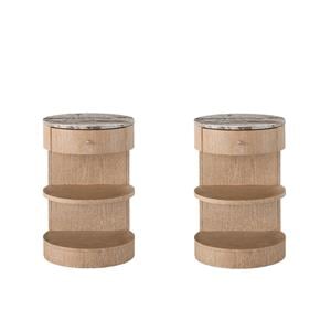 Maklaine Set of 2 Modern Marbel Top Nightstand in Tan Tech Oak