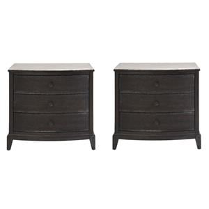 Maklaine Set of 2 Stone Top Three Drawer Nightstand in Black Oak Wood