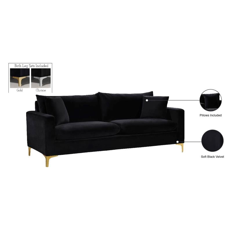 Maklaine Contemporary Upholstered Velvet Sofa in Black with Gold & Chrome Legs