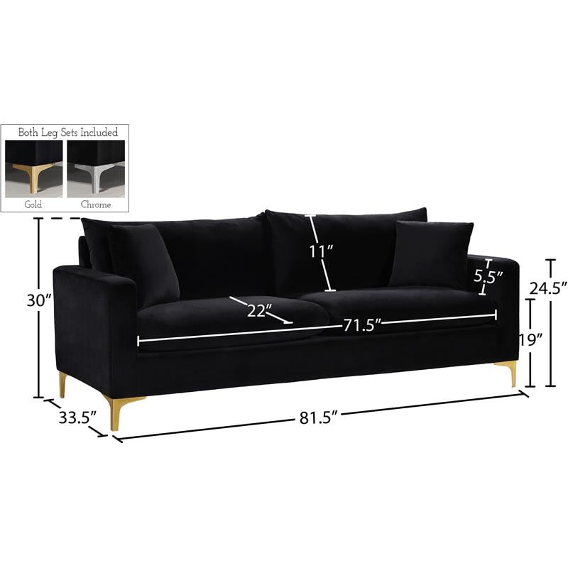 Maklaine Contemporary Upholstered Velvet Sofa in Black with Gold & Chrome Legs