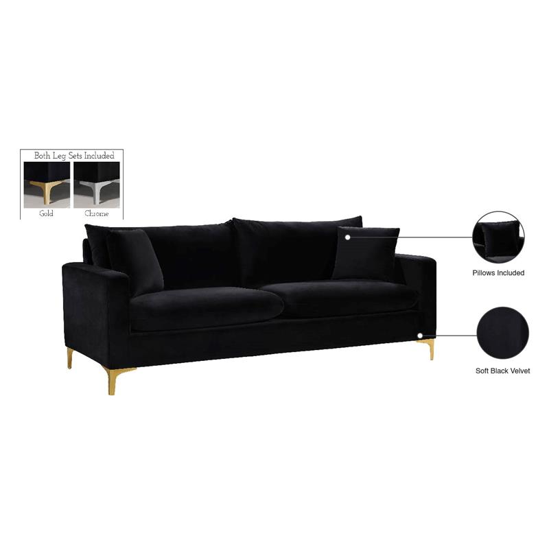 Maklaine Contemporary Upholstered Velvet Sofa in Black with Gold & Chrome Legs