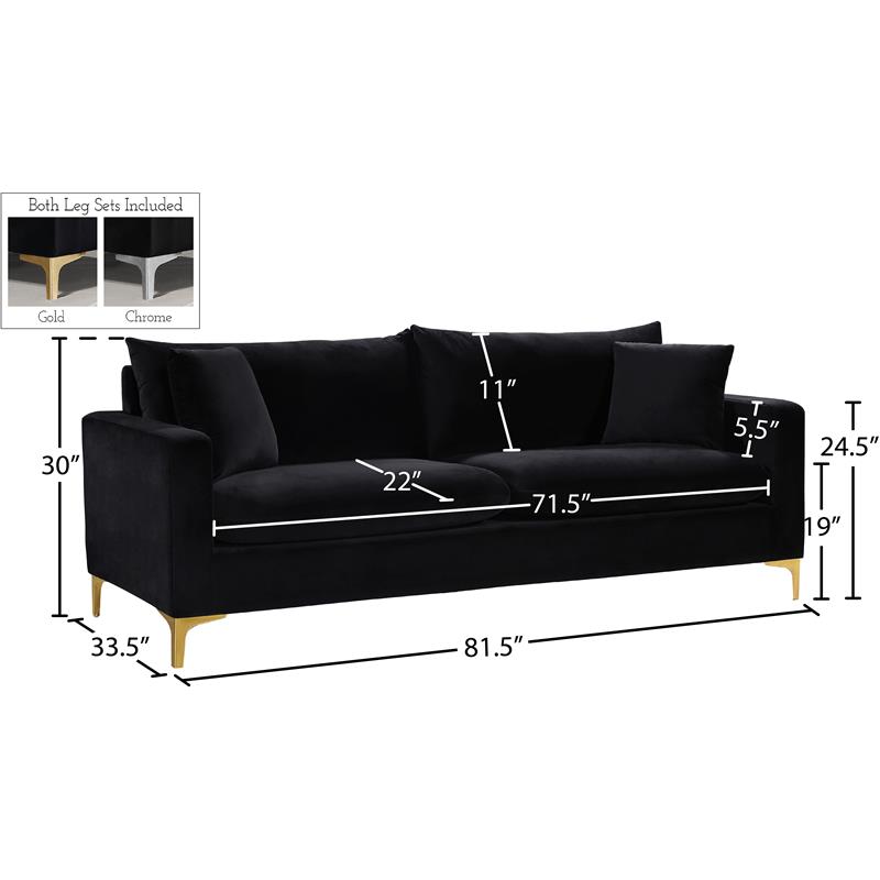 Maklaine Contemporary Upholstered Velvet Sofa in Black with Gold & Chrome Legs