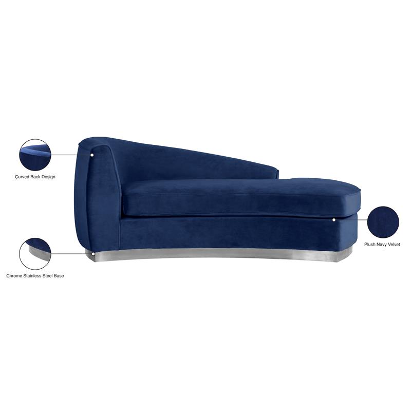 Maklaine Contemporary Upholstered Navy Velvet Chaise with Stainless Steel Base