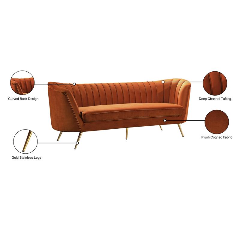 Maklaine Contemporary Upholstered Cognac Velvet Sofa with Stainless Steel Legs