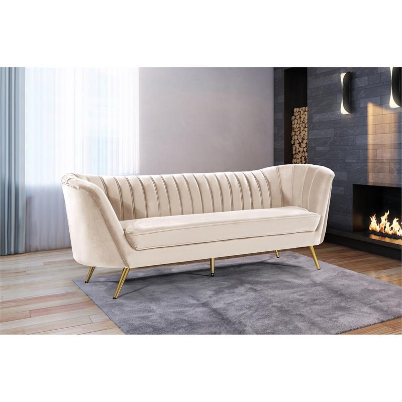 Maklaine Contemporary Upholstered Cream Velvet Sofa with Stainless Steel Legs
