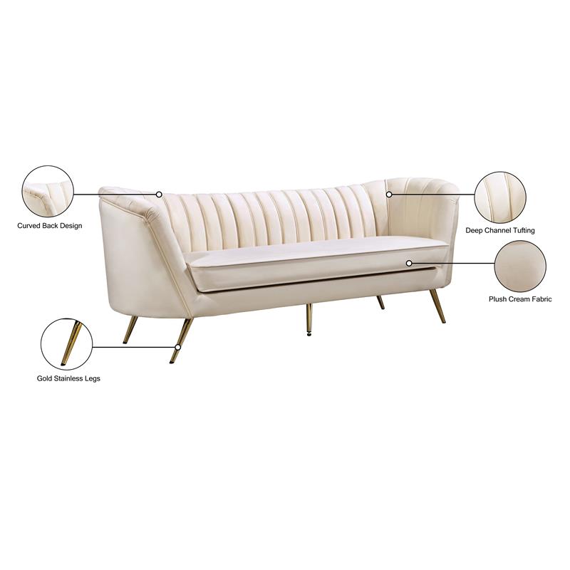 Maklaine Contemporary Upholstered Cream Velvet Sofa with Stainless Steel Legs