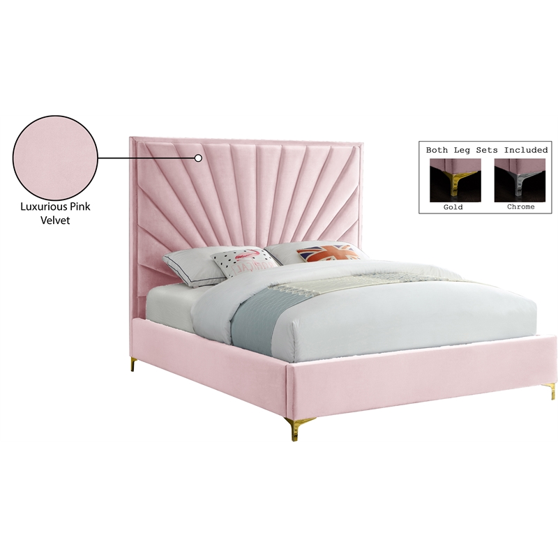 Maklaine Contemporary Solid Wood and Velvet King Bed in Pink