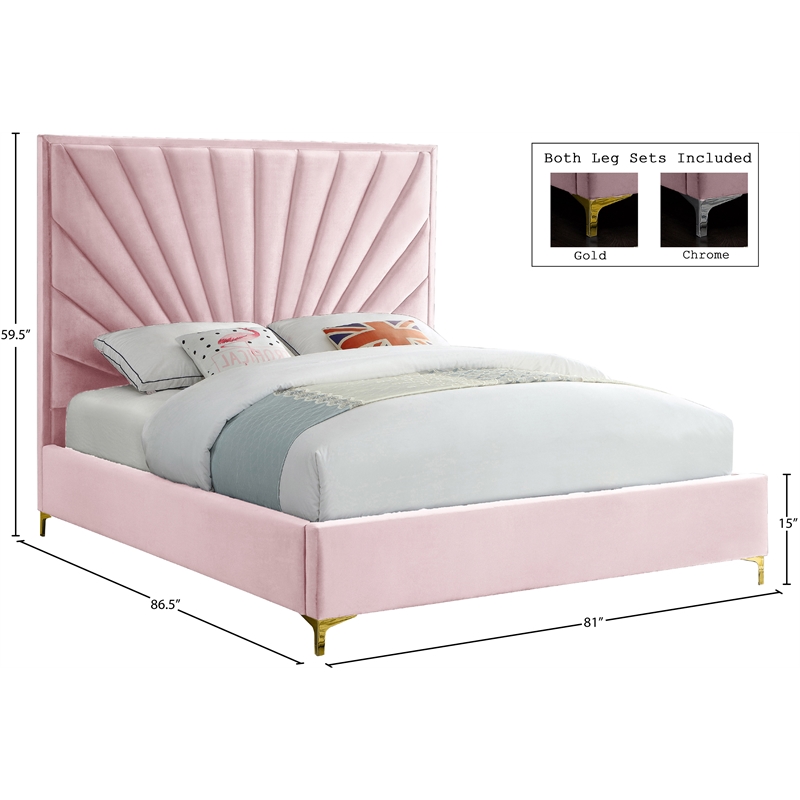 Maklaine Contemporary Solid Wood and Velvet King Bed in Pink