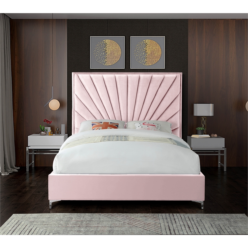 Maklaine Contemporary Solid Wood and Velvet King Bed in Pink