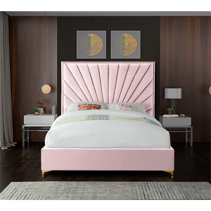 Maklaine Contemporary Solid Wood and Velvet King Bed in Pink