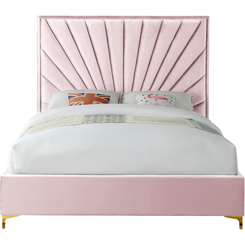 Maklaine Contemporary Solid Wood and Velvet King Bed in Pink