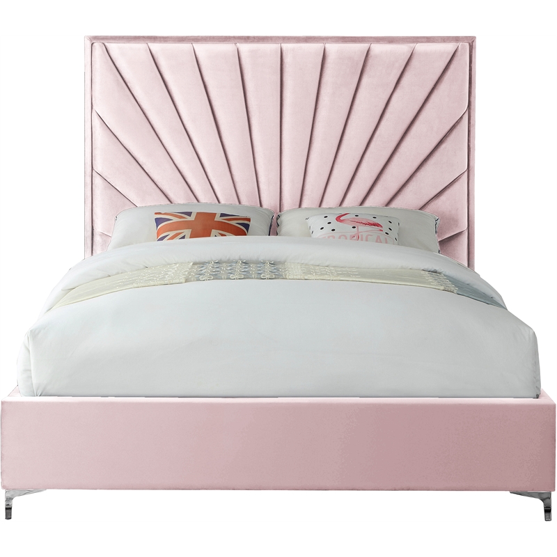 Maklaine Contemporary Solid Wood and Velvet King Bed in Pink