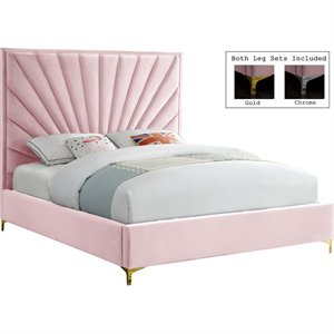 Maklaine Contemporary Solid Wood and Velvet King Bed in Pink