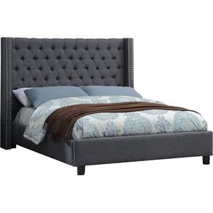 Maklaine Contemporary Solid Wood Linen Wing Back Queen Bed in Gray