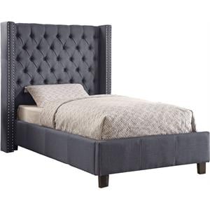 Maklaine Contemporary Solid Wood Linen Wing Back Twin Bed in Gray