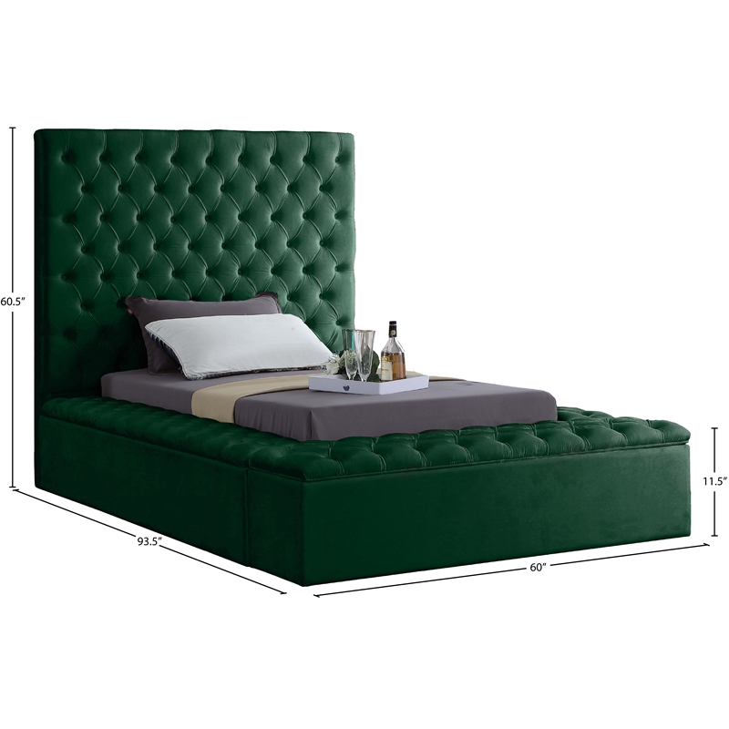 Maklaine Contemporary Solid Wood Tufted Velvet Twin Bed in Green