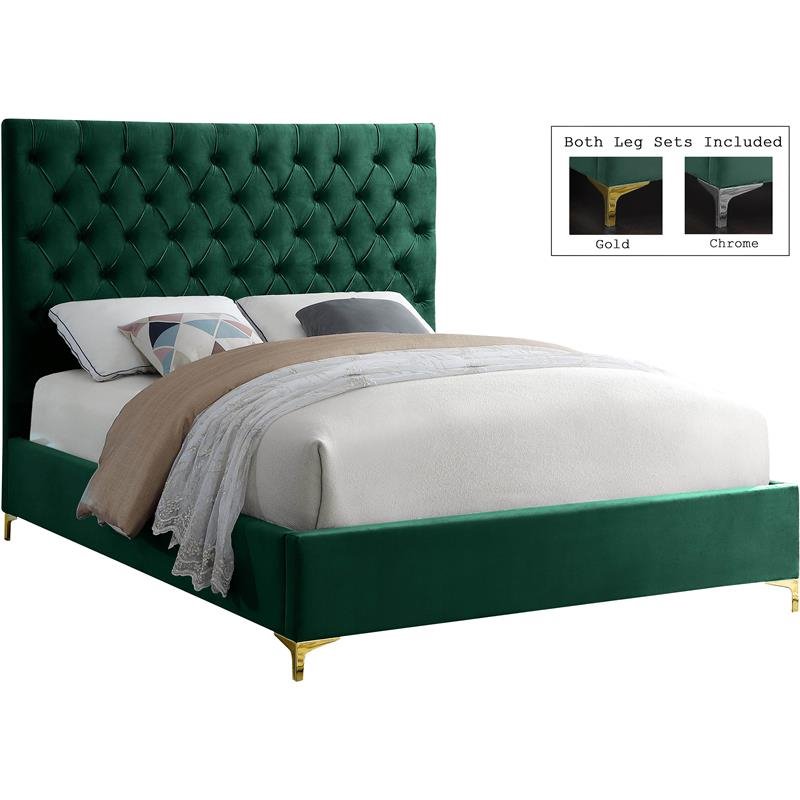 Maklaine Contemporary Solid Wood Tufted Velvet Full Bed in Green