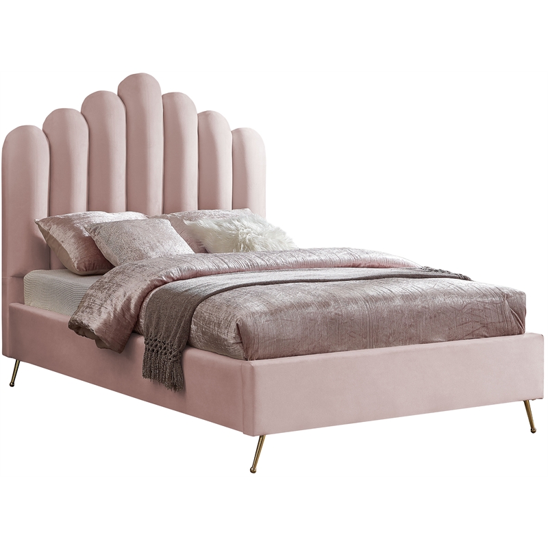 Maklaine Modern Solid Wood and Tufted Velvet Full Bed in Pink