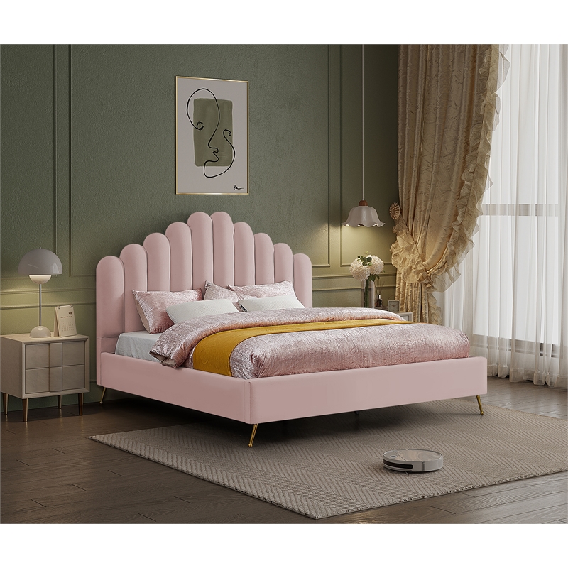 Maklaine Modern Solid Wood and Tufted Velvet King Bed in Pink