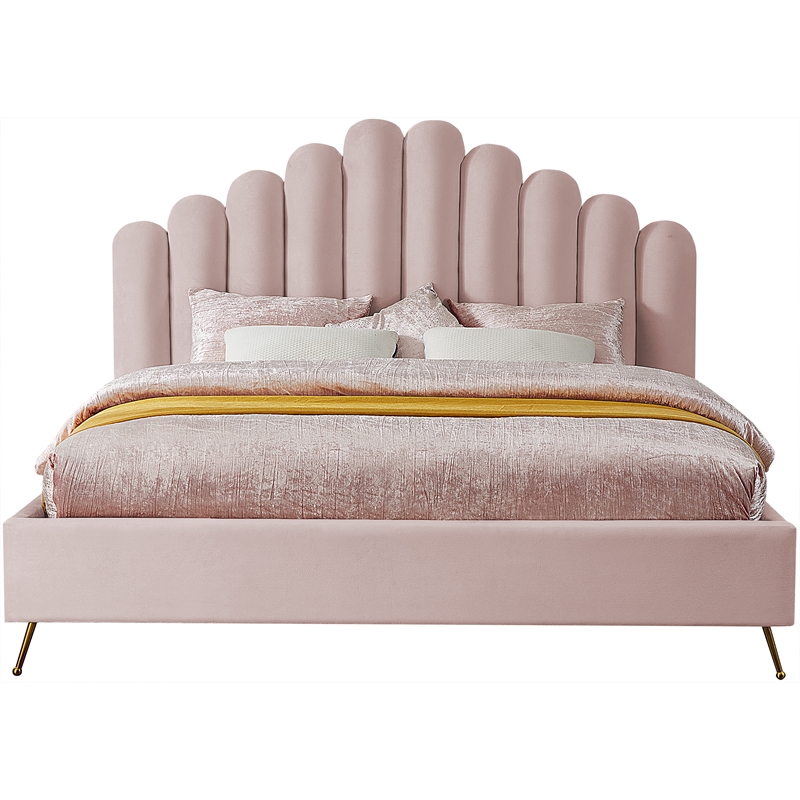 Maklaine Modern Solid Wood and Tufted Velvet King Bed in Pink
