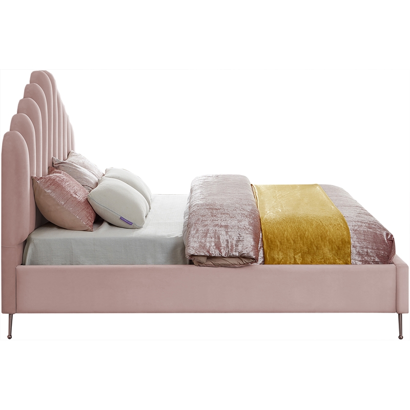 Maklaine Modern Solid Wood and Tufted Velvet King Bed in Pink