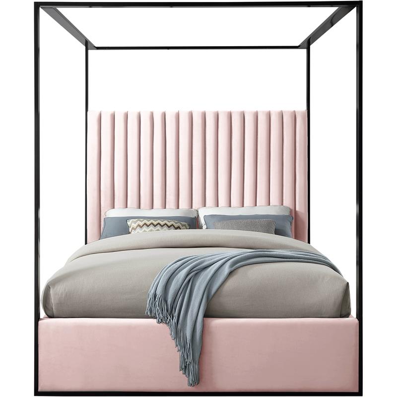 Maklaine Contemporary Solid Wood and Velvet King Bed in Pink