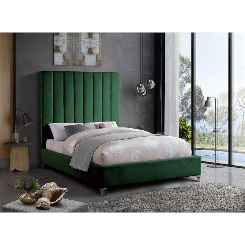 Maklaine Contemporary Deep Detailed Channel Tufted Rich Velvet Full Bed in Green