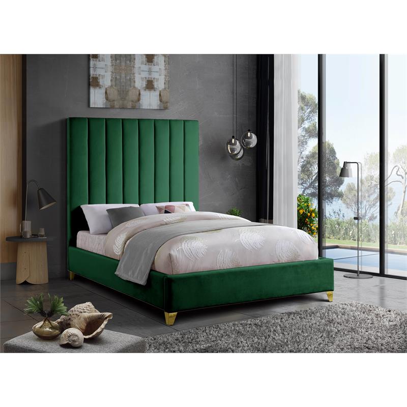 Maklaine Contemporary Deep Detailed Channel Tufted Rich Velvet Full Bed in Green
