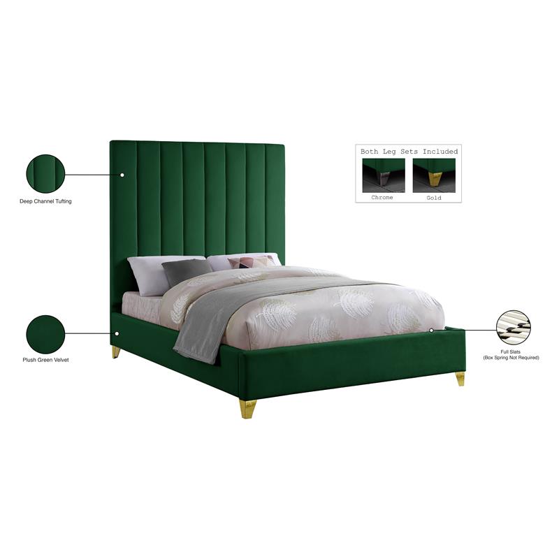 Maklaine Contemporary Deep Detailed Channel Tufted Rich Velvet Full Bed in Green