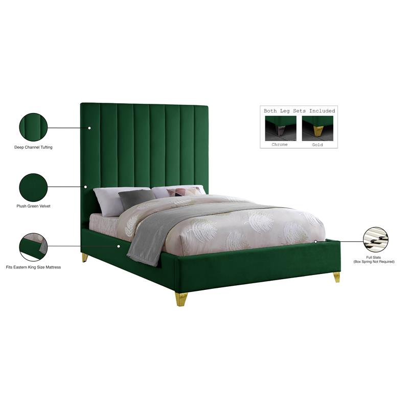 Maklaine Contemporary Deep Detailed Channel Tufted Rich Velvet King Bed in Green