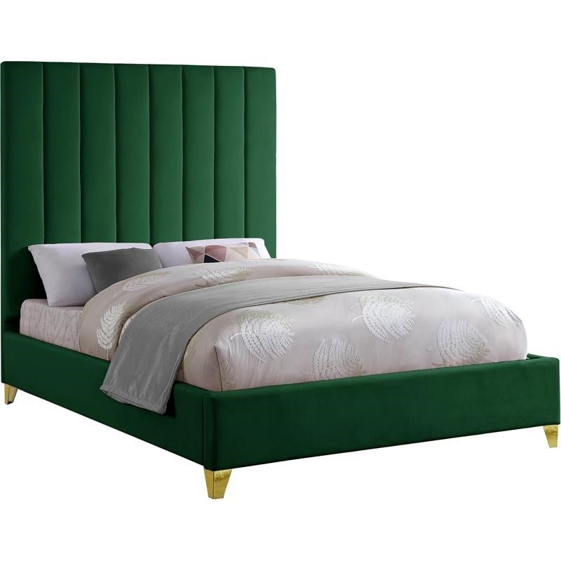 Maklaine Deep Detailed Channel Tufted Rich Velvet Queen Bed in Green