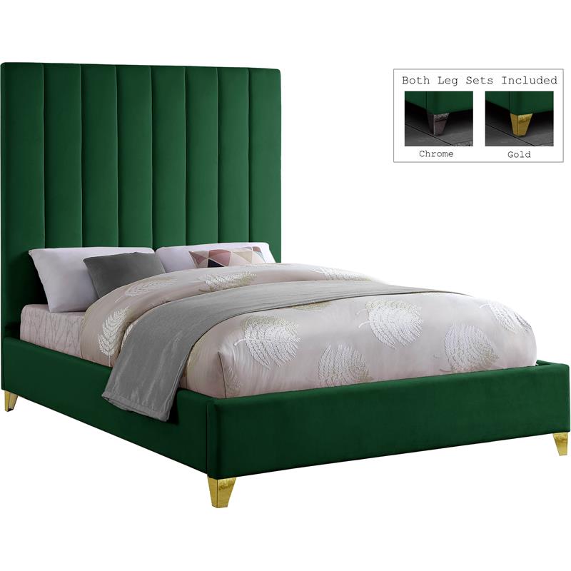Maklaine Deep Detailed Channel Tufted Rich Velvet Queen Bed in Green