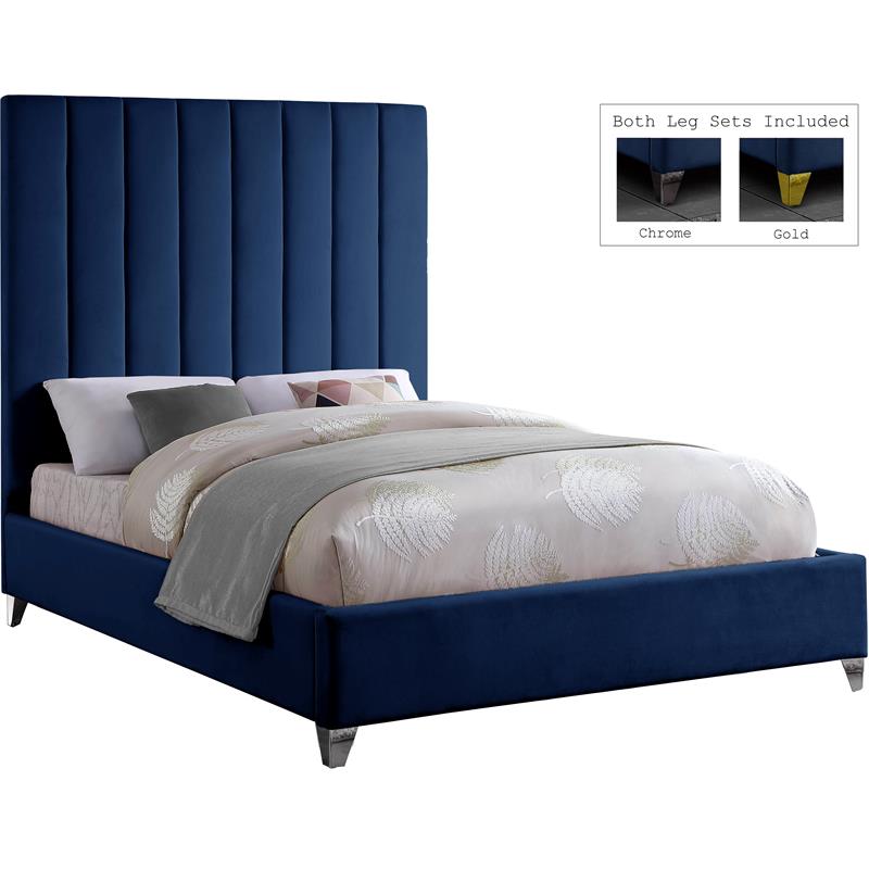 Maklaine Velvet Navy Queen Bed Rectangular Channel Tufted 65.5
