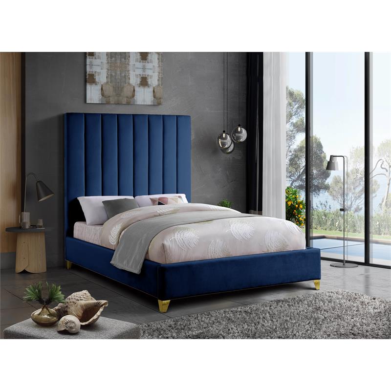 Maklaine Velvet Navy Queen Bed Rectangular Channel Tufted 65.5