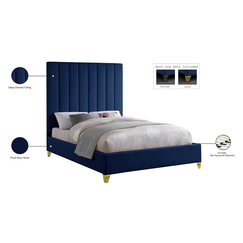 Maklaine Velvet Navy Queen Bed Rectangular Channel Tufted 65.5