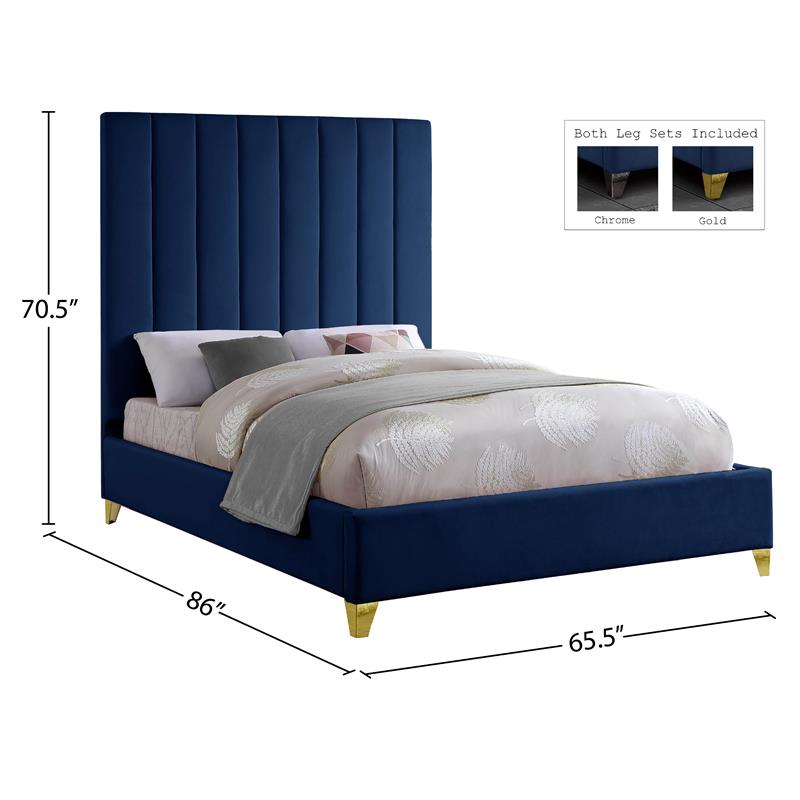 Maklaine Velvet Navy Queen Bed Rectangular Channel Tufted 65.5