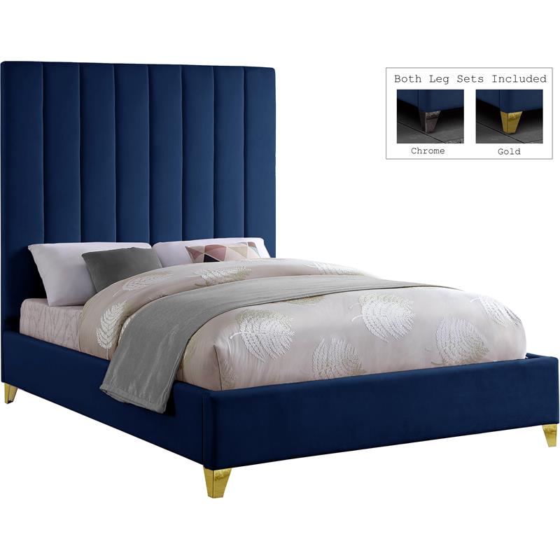 Maklaine Velvet Navy Queen Bed Rectangular Channel Tufted 65.5
