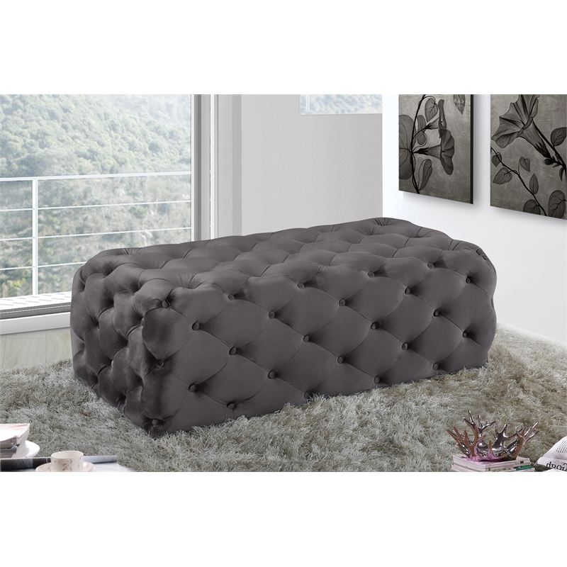 Maklaine Contemporary Button Tufted Gray Velvet Ottoman and Bench