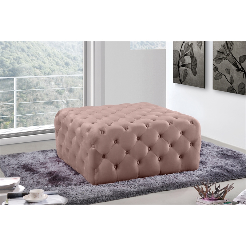 Maklaine Contemporary Button Tufted Pink Velvet Ottoman and Bench
