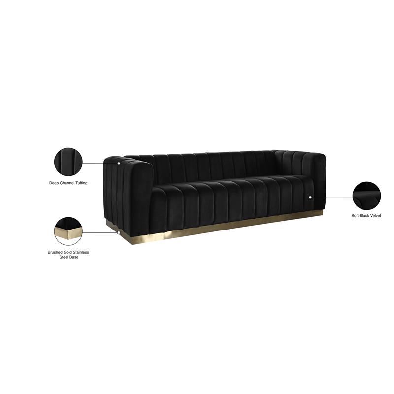 Maklaine Contemporary Upholstered Black Velvet Sofa with Stainless Steel Base