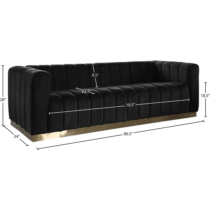 Maklaine Contemporary Upholstered Black Velvet Sofa with Stainless Steel Base